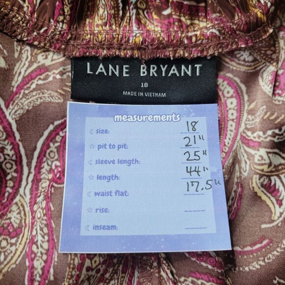 LANE BRYANT Brown Paisley Midi Dress Size 18 Long Sleeve Ruffle Neck Silky Boho - Picture 3 of 12